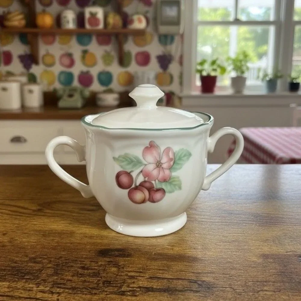 Vintage Epoch Market Day Sugar Bowl w Lid Plum Fruit Green Trim EUC Cottagecore